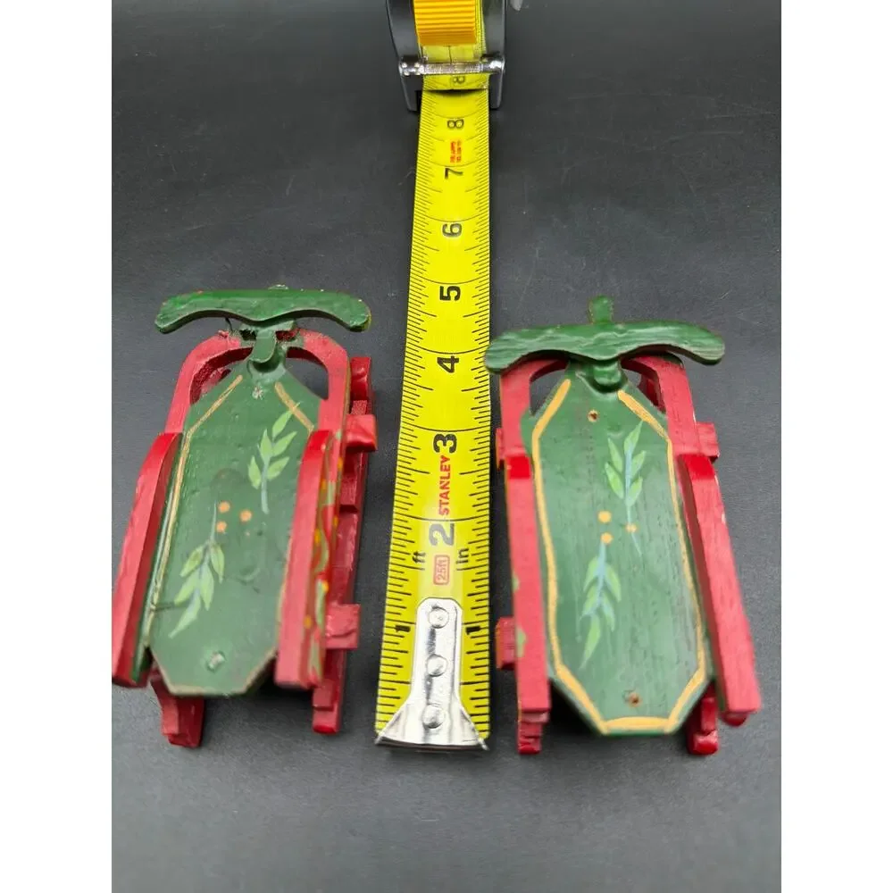 Vintage Miniature Wood Sled Christmas Ornaments Pair Hand Painted Red Green 4”
